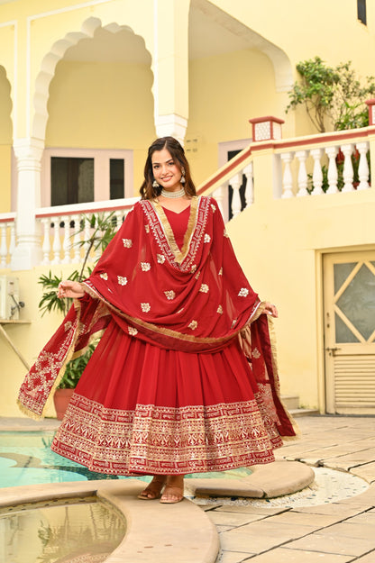 Red Faux Blooming  Zari & Sequins Work Gown With Dupatta