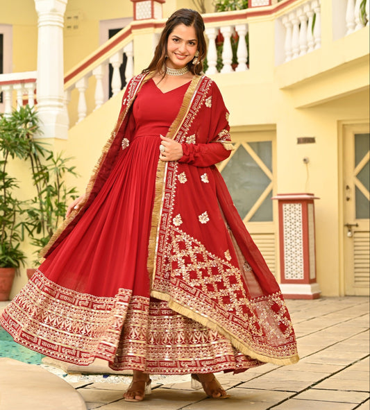 Red Faux Blooming  Zari & Sequins Work Gown With Dupatta