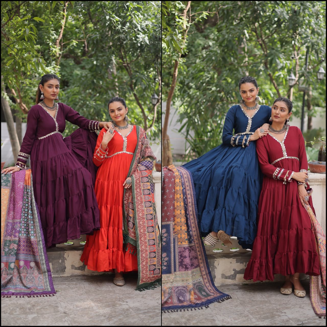 Wine Roman Fabric with Frill Stitching & Mirror Lace Work Gown With Dupatta