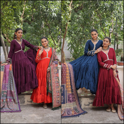 Wine Roman Fabric with Frill Stitching & Mirror Lace Work Gown With Dupatta