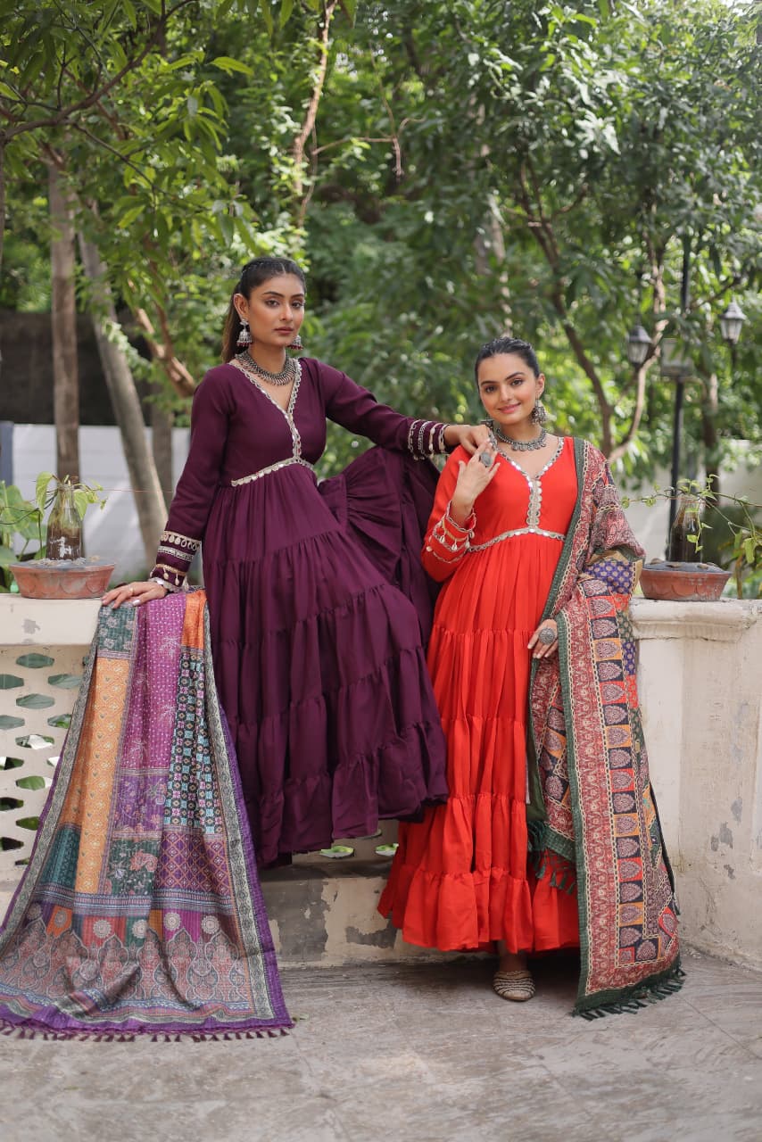 Wine Roman Fabric with Frill Stitching & Mirror Lace Work Gown With Dupatta