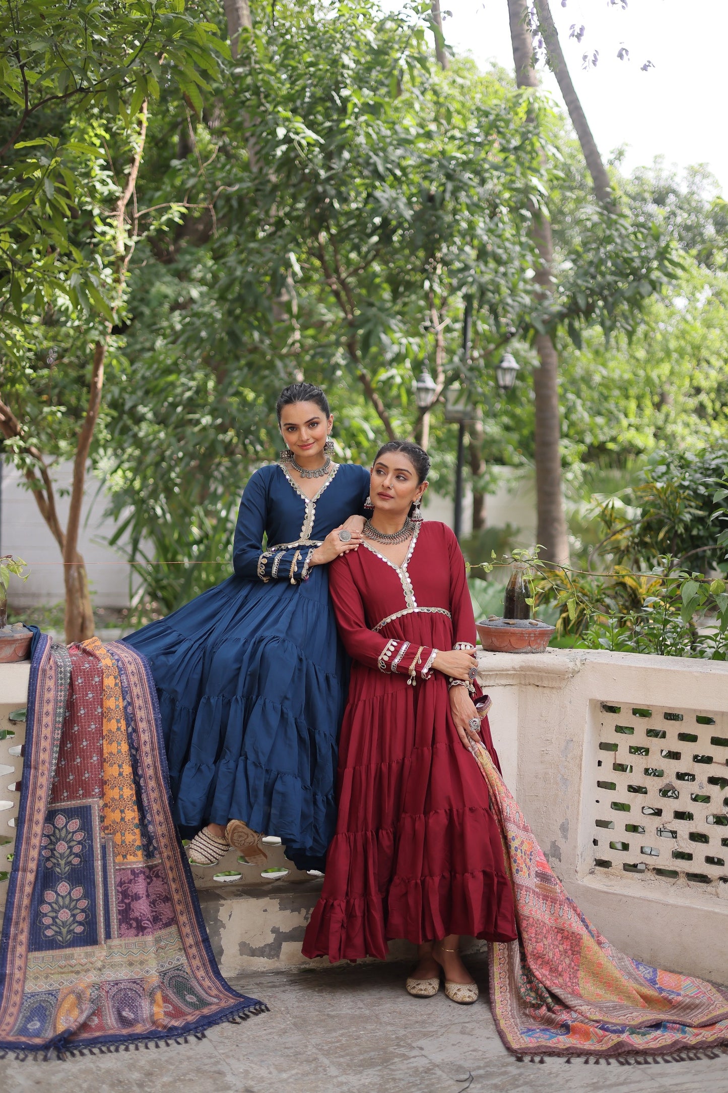 Wine Roman Fabric with Frill Stitching & Mirror Lace Work Gown With Dupatta