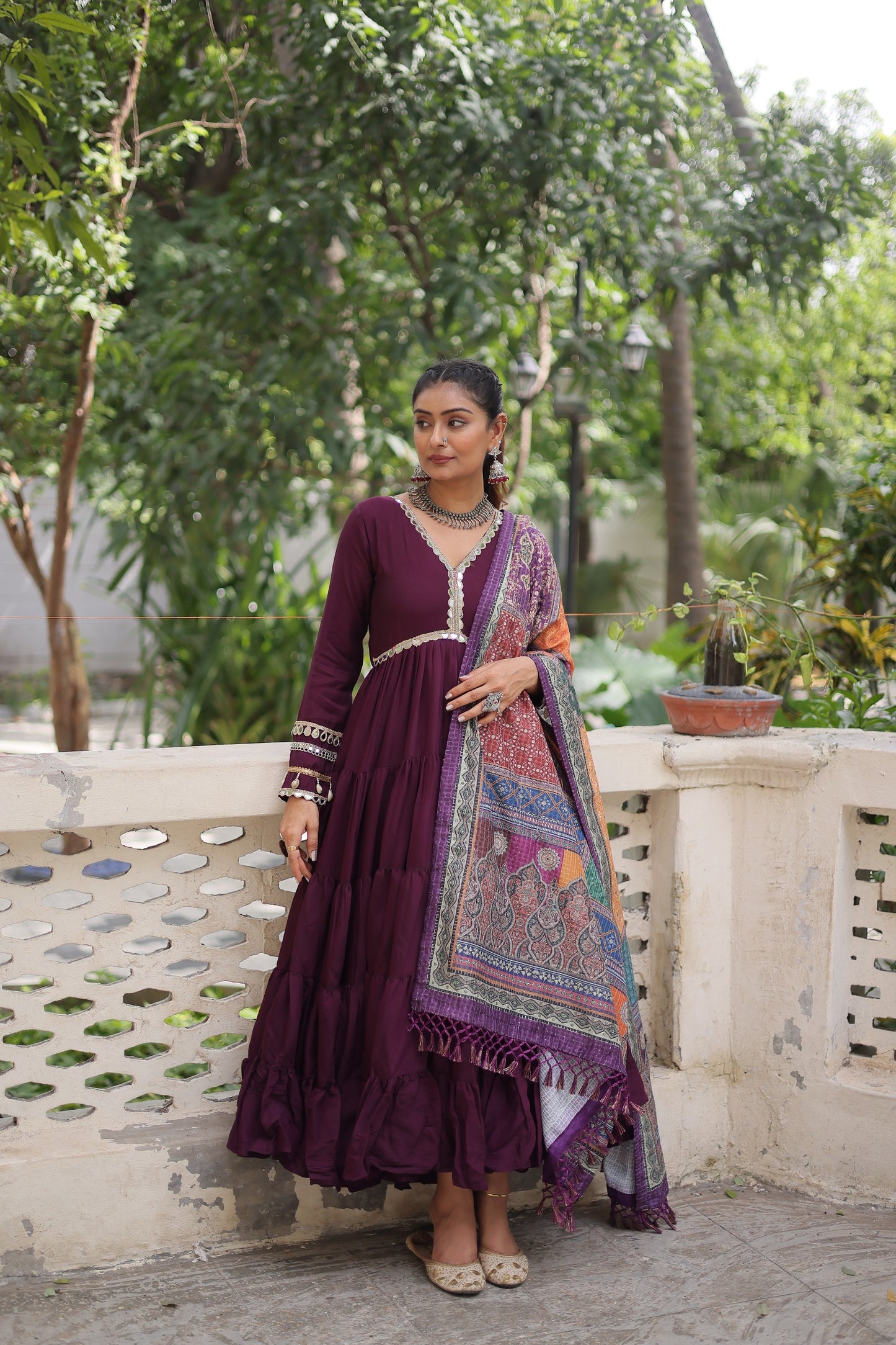 Wine Roman Fabric with Frill Stitching & Mirror Lace Work Gown With Dupatta