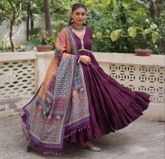 Wine Roman Fabric with Frill Stitching & Mirror Lace Work Gown With Dupatta