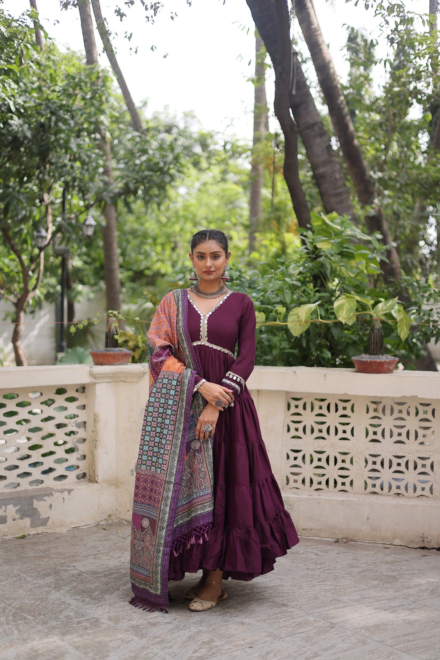 Wine Roman Fabric with Frill Stitching & Mirror Lace Work Gown With Dupatta