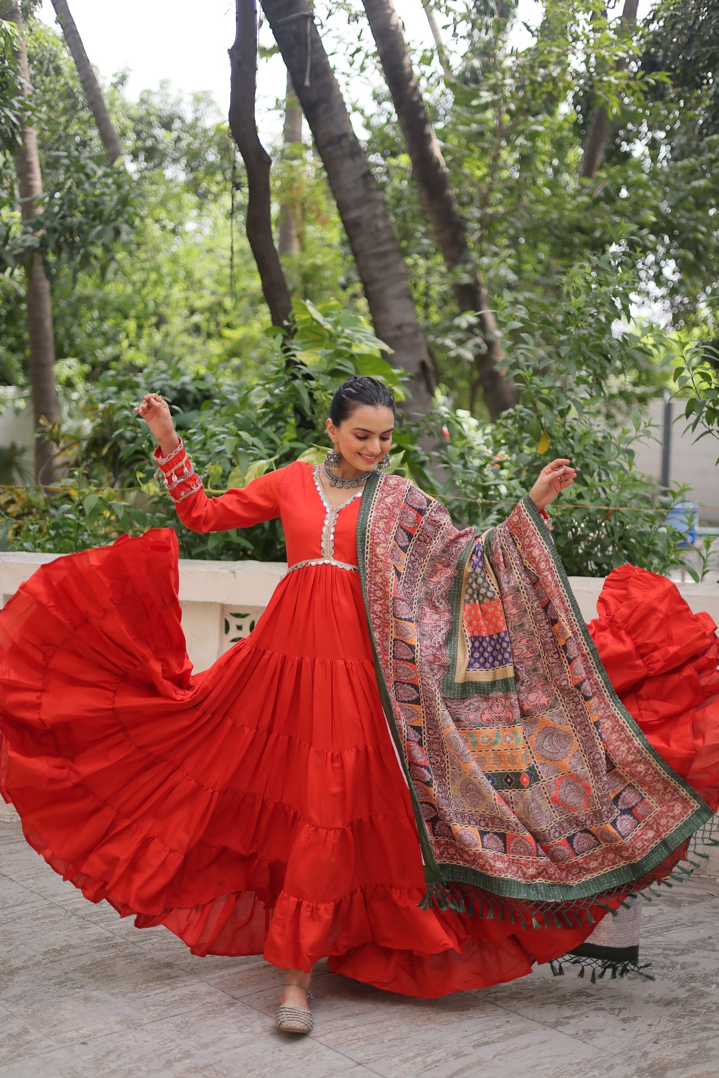 Wine Roman Fabric with Frill Stitching & Mirror Lace Work Gown With Dupatta