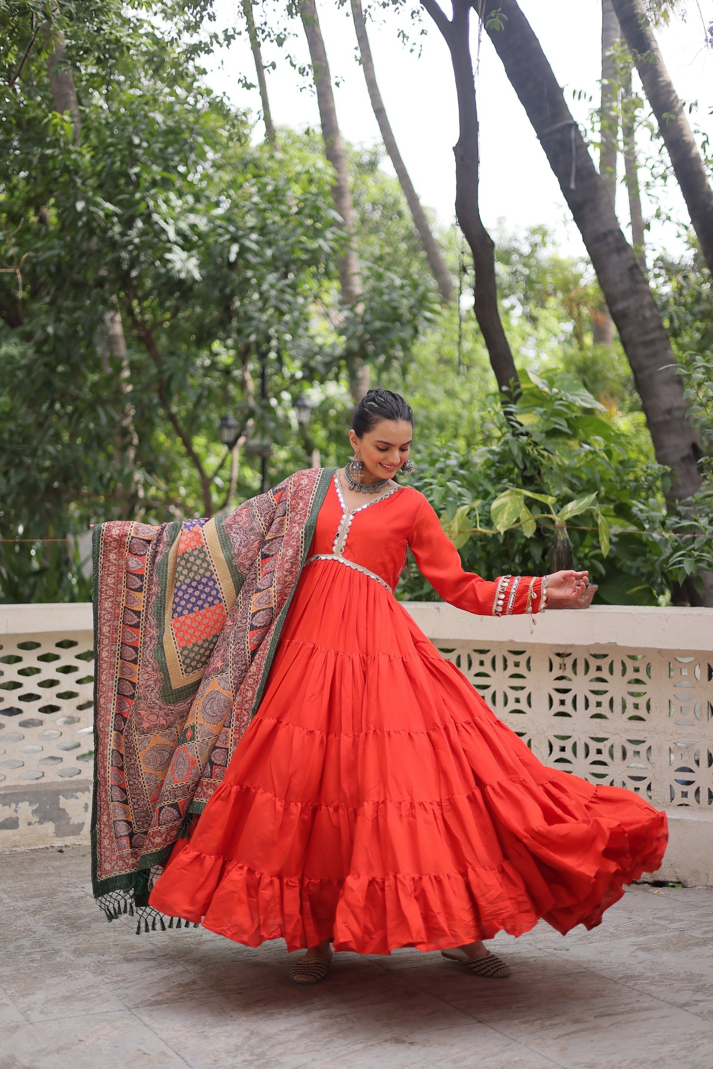Wine Roman Fabric with Frill Stitching & Mirror Lace Work Gown With Dupatta