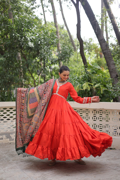 Wine Roman Fabric with Frill Stitching & Mirror Lace Work Gown With Dupatta