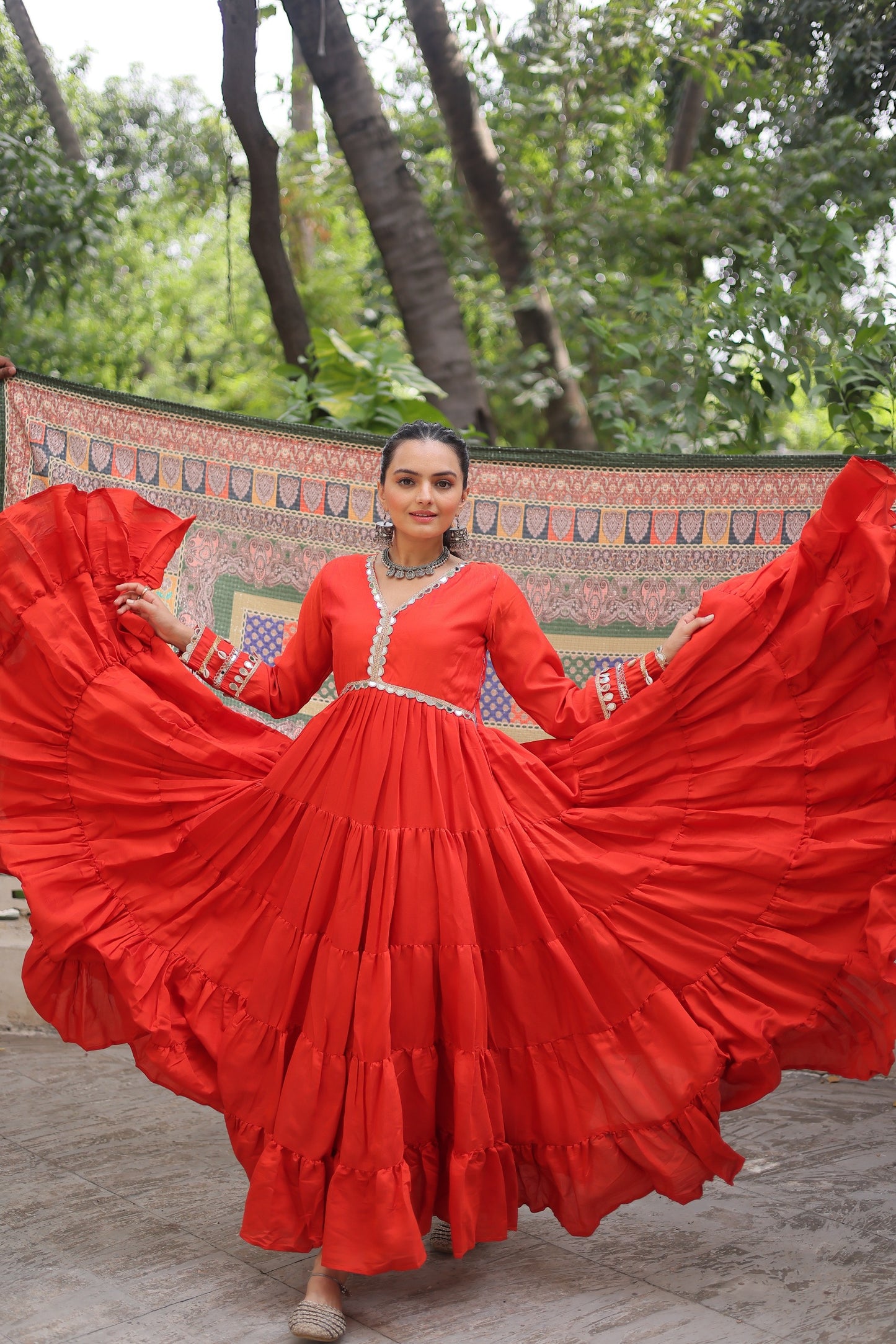 Wine Roman Fabric with Frill Stitching & Mirror Lace Work Gown With Dupatta