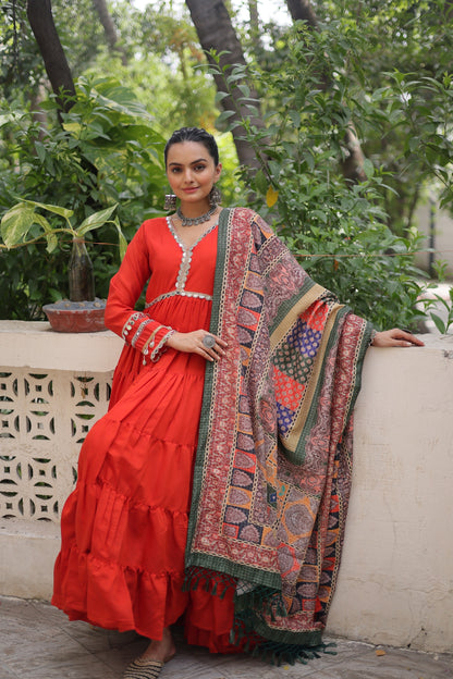 Wine Roman Fabric with Frill Stitching & Mirror Lace Work Gown With Dupatta