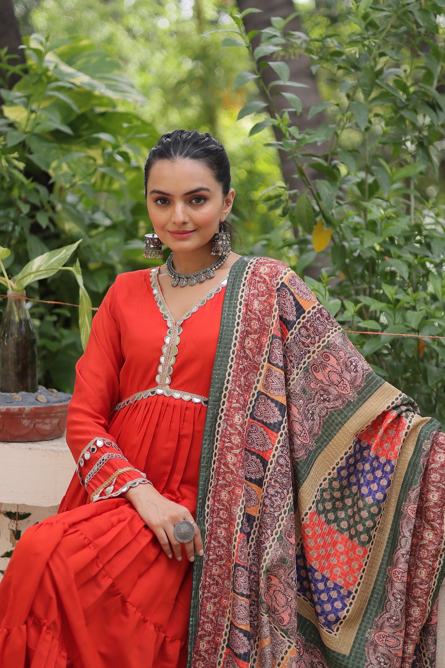 Wine Roman Fabric with Frill Stitching & Mirror Lace Work Gown With Dupatta
