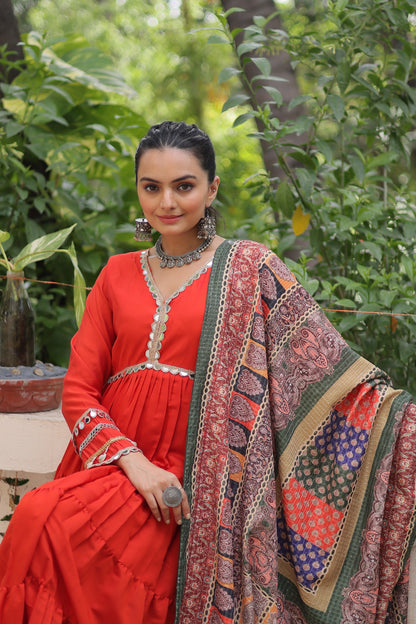 Wine Roman Fabric with Frill Stitching & Mirror Lace Work Gown With Dupatta