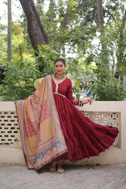Wine Roman Fabric with Frill Stitching & Mirror Lace Work Gown With Dupatta
