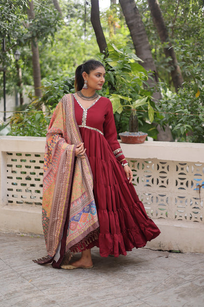 Wine Roman Fabric with Frill Stitching & Mirror Lace Work Gown With Dupatta