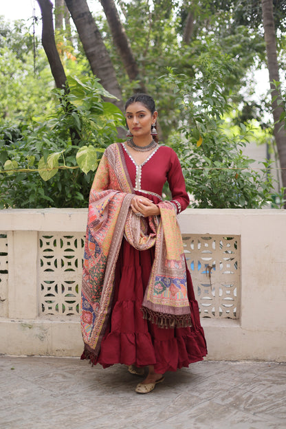 Wine Roman Fabric with Frill Stitching & Mirror Lace Work Gown With Dupatta