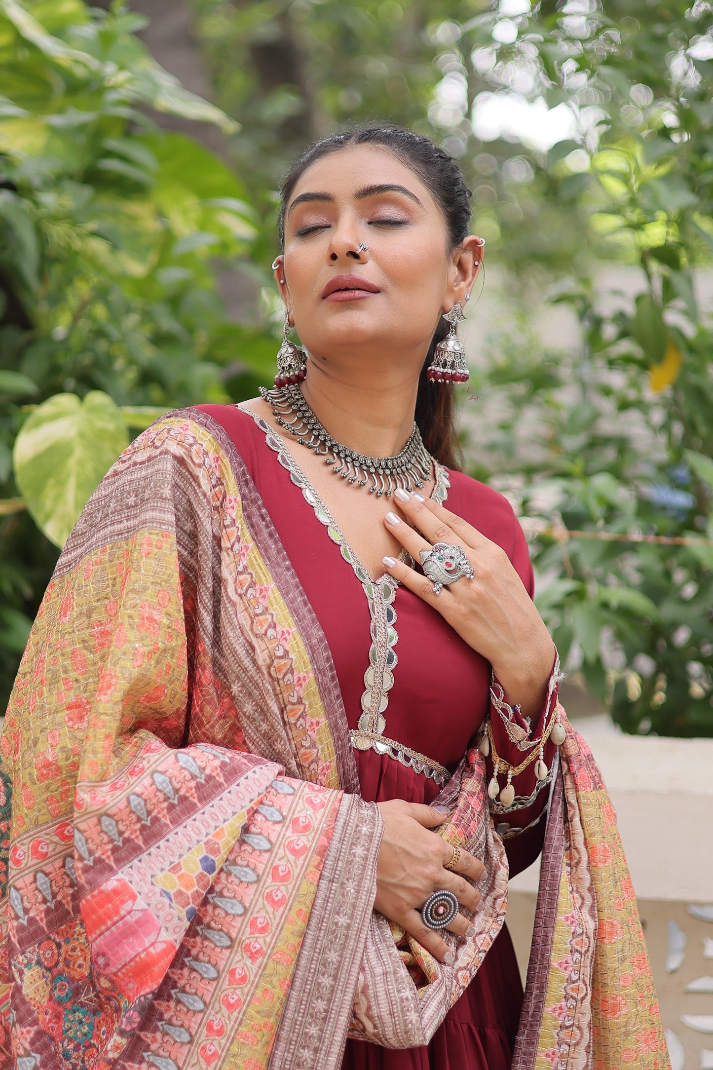 Wine Roman Fabric with Frill Stitching & Mirror Lace Work Gown With Dupatta