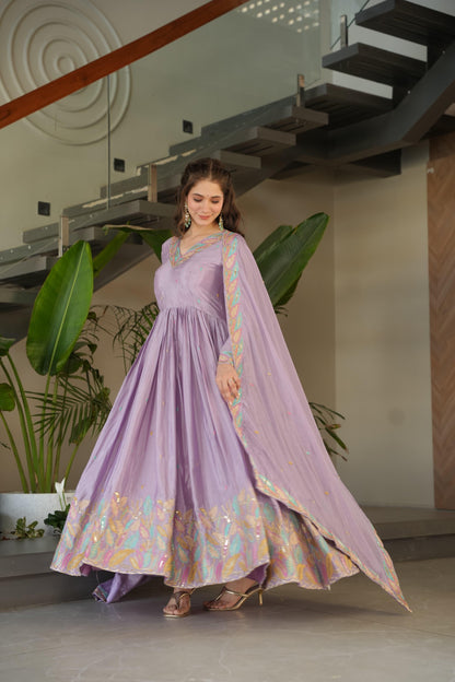 Lavender Chinnon with Rich Sequins Gown With Dupatta