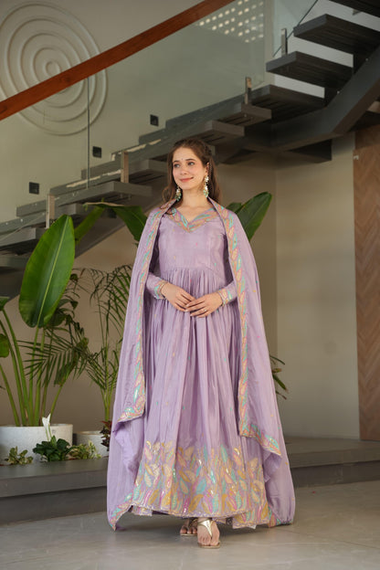 Lavender Chinnon with Rich Sequins Gown With Dupatta
