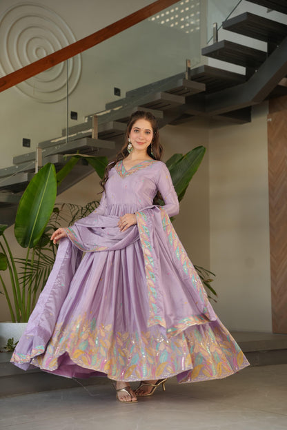 Lavender Chinnon with Rich Sequins Gown With Dupatta