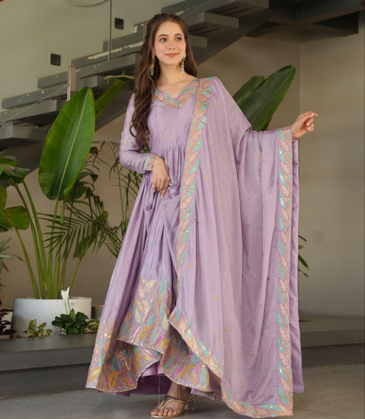 Lavender Chinnon with Rich Sequins Gown With Dupatta