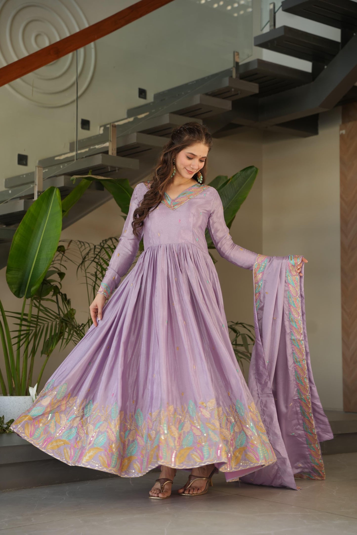 Lavender Chinnon with Rich Sequins Gown With Dupatta