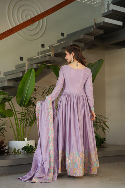 Lavender Chinnon with Rich Sequins Gown With Dupatta