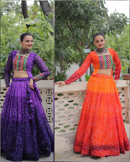 Orange Bandhani Print with Kutchi Gamthi Patchwork Lehenga Choli