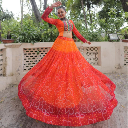 Orange Bandhani Print with Kutchi Gamthi Patchwork Lehenga Choli