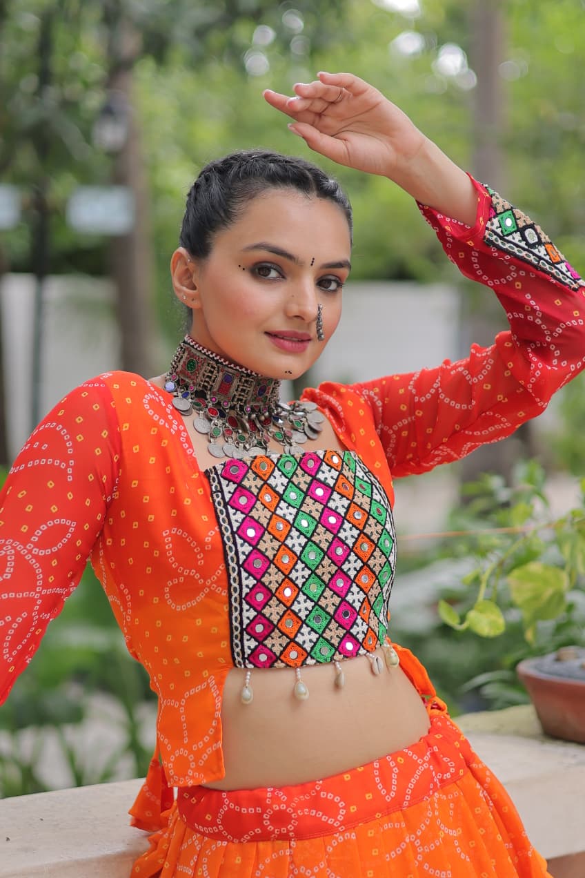 Orange Bandhani Print with Kutchi Gamthi Patchwork Lehenga Choli