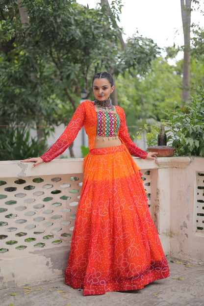 Orange Bandhani Print with Kutchi Gamthi Patchwork Lehenga Choli