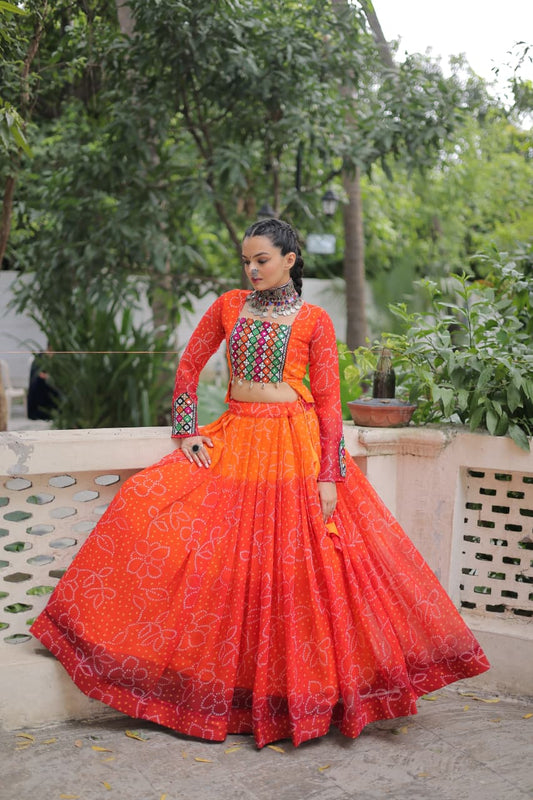 Orange Bandhani Print with Kutchi Gamthi Patchwork Lehenga Choli