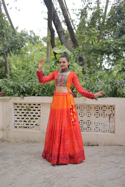 Orange Bandhani Print with Kutchi Gamthi Patchwork Lehenga Choli