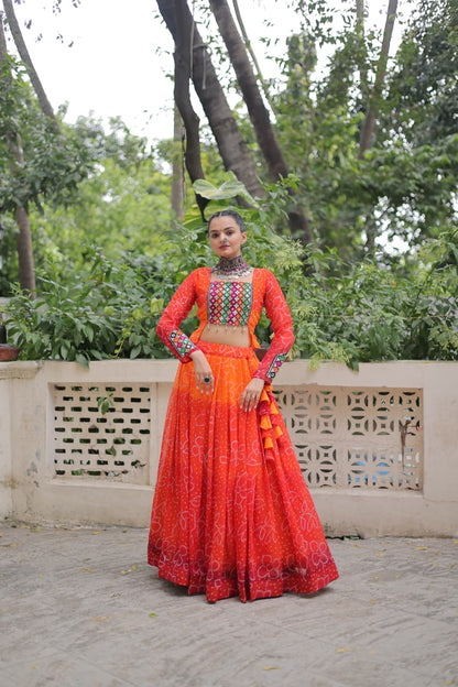 Orange Bandhani Print with Kutchi Gamthi Patchwork Lehenga Choli