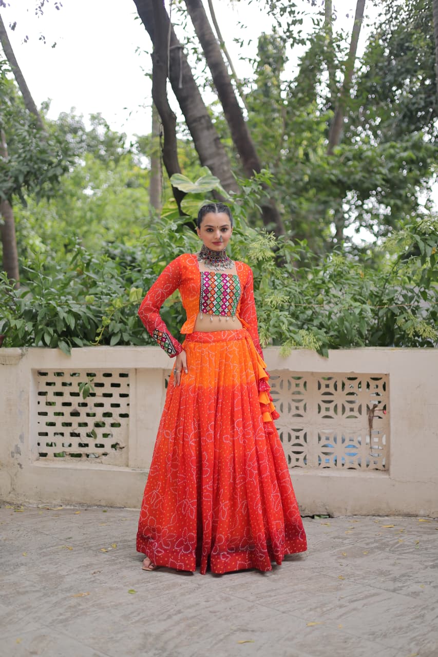Orange Bandhani Print with Kutchi Gamthi Patchwork Lehenga Choli