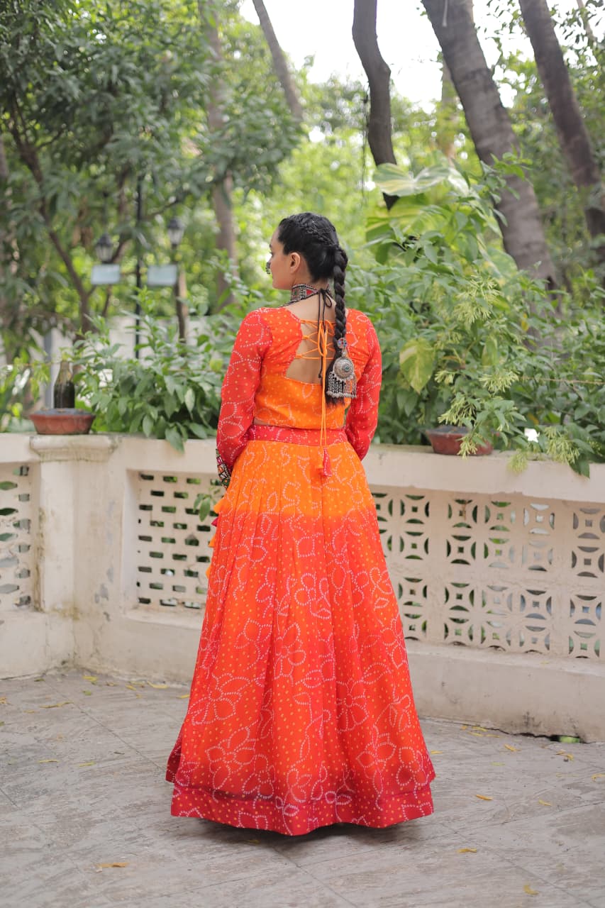 Orange Bandhani Print with Kutchi Gamthi Patchwork Lehenga Choli