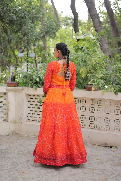 Orange Bandhani Print with Kutchi Gamthi Patchwork Lehenga Choli