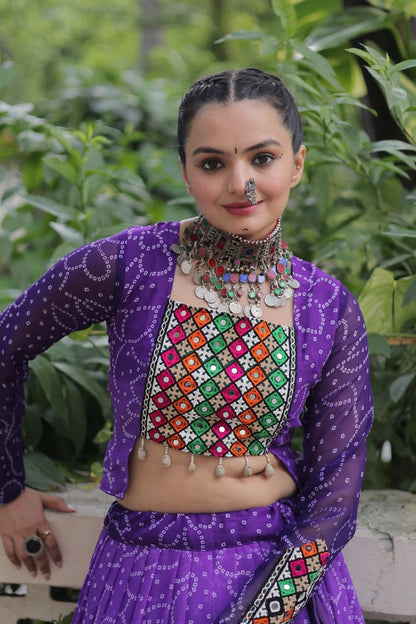 Orange Bandhani Print with Kutchi Gamthi Patchwork Lehenga Choli