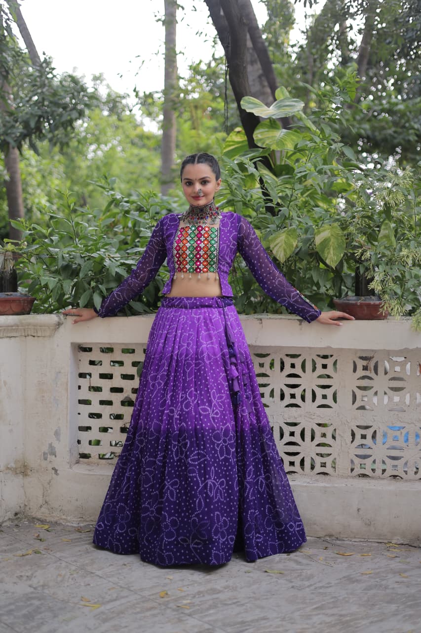 Orange Bandhani Print with Kutchi Gamthi Patchwork Lehenga Choli