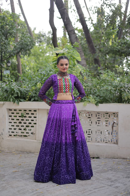 Orange Bandhani Print with Kutchi Gamthi Patchwork Lehenga Choli