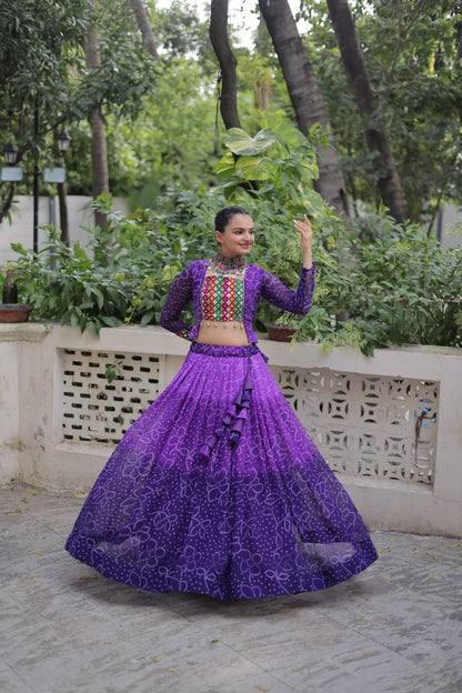 Orange Bandhani Print with Kutchi Gamthi Patchwork Lehenga Choli