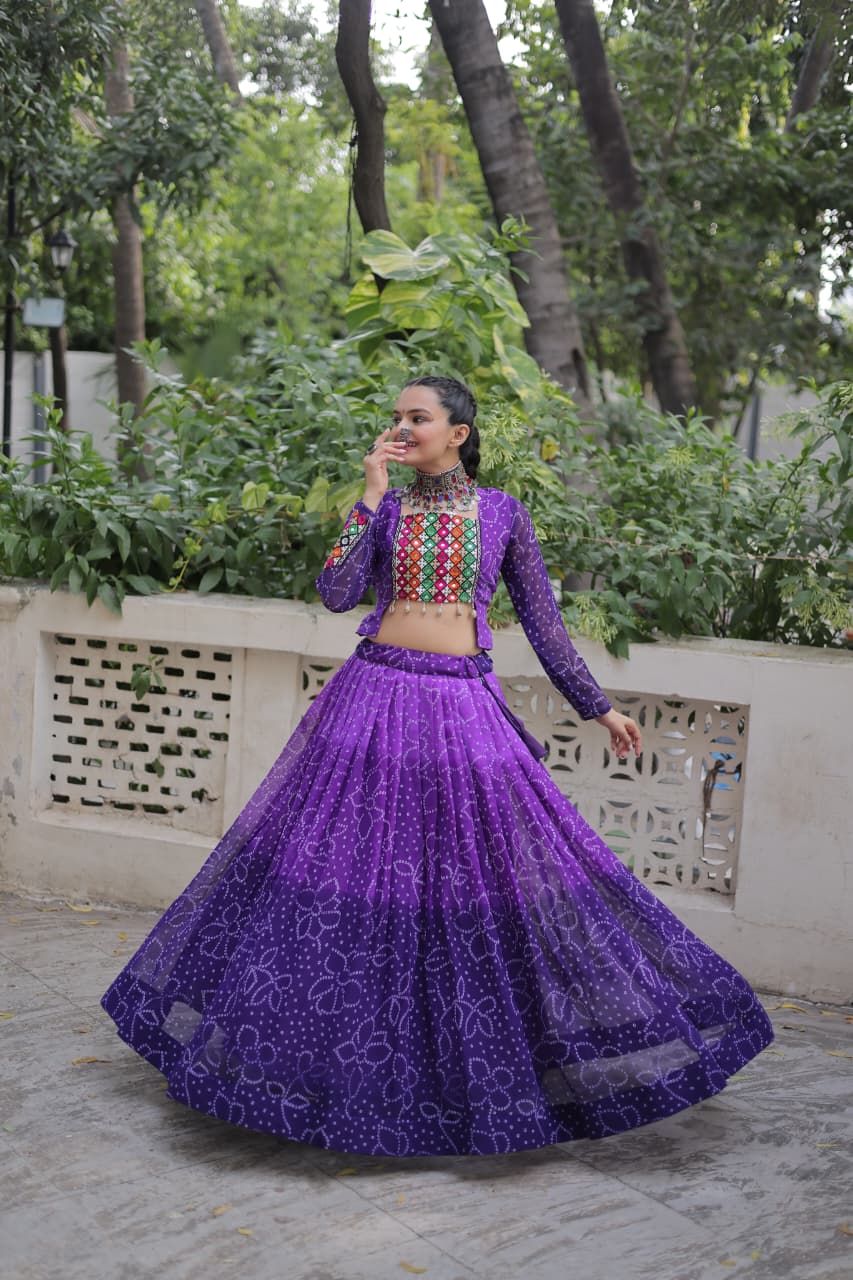Orange Bandhani Print with Kutchi Gamthi Patchwork Lehenga Choli