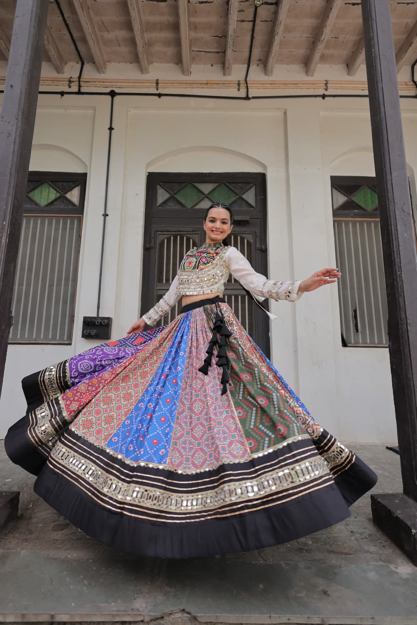 White Multicolor  Cotton Printed with AttractiveReal Mirror Lace Work Lehenga Choli