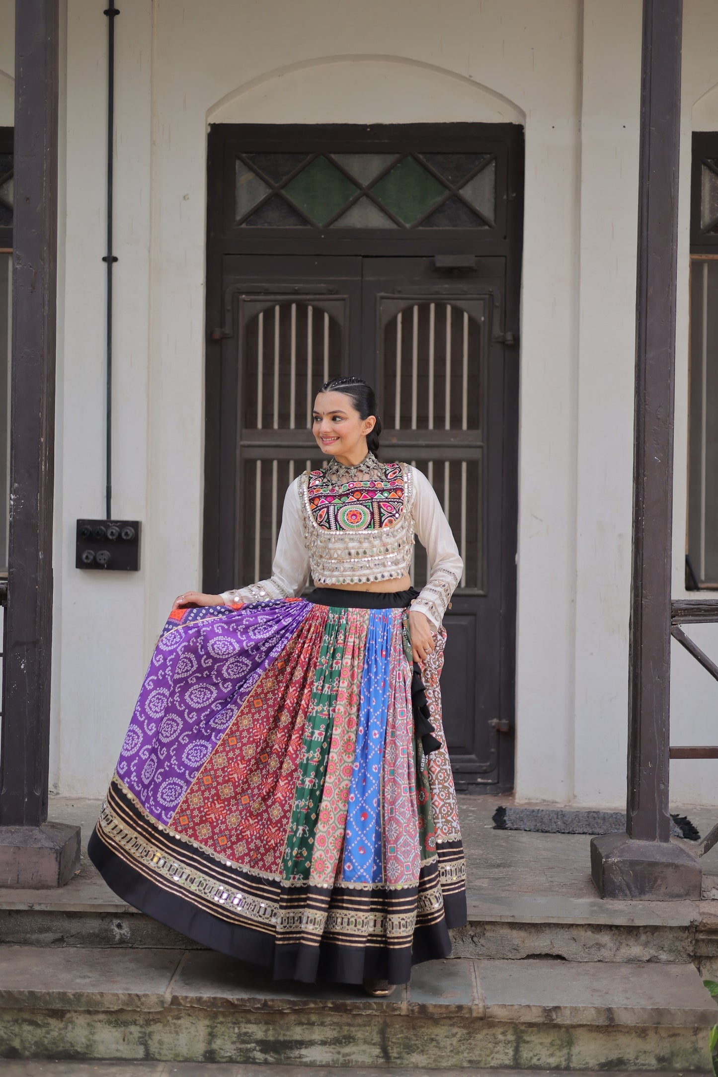 White Multicolor  Cotton Printed with AttractiveReal Mirror Lace Work Lehenga Choli