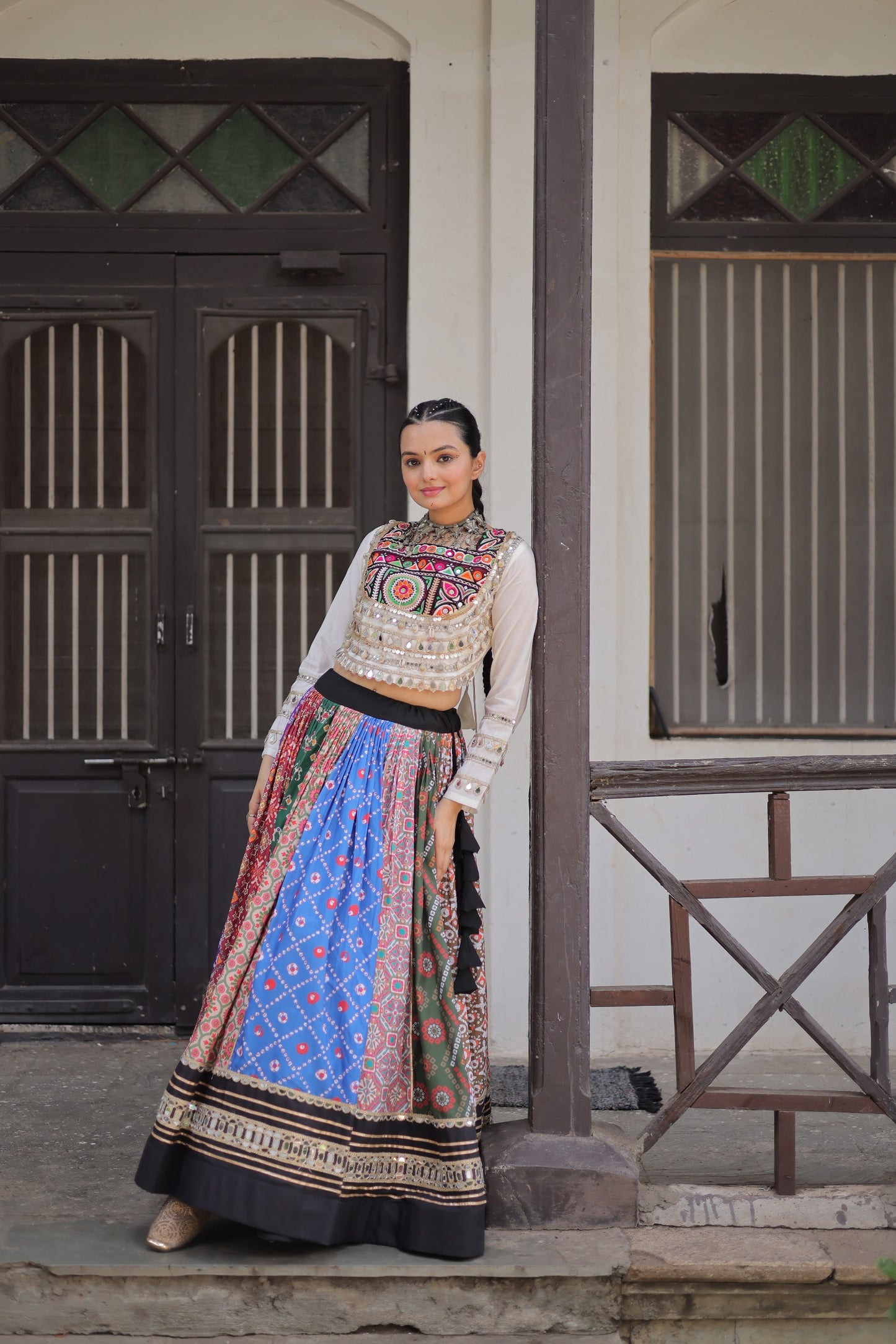 White Multicolor  Cotton Printed with AttractiveReal Mirror Lace Work Lehenga Choli