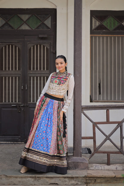 White Multicolor  Cotton Printed with AttractiveReal Mirror Lace Work Lehenga Choli