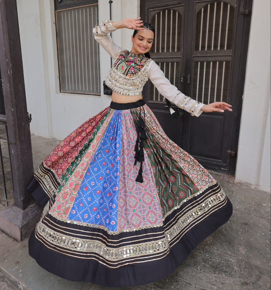 White Multicolor  Cotton Printed with AttractiveReal Mirror Lace Work Lehenga Choli