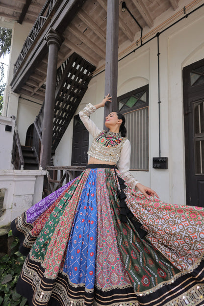White Multicolor  Cotton Printed with AttractiveReal Mirror Lace Work Lehenga Choli
