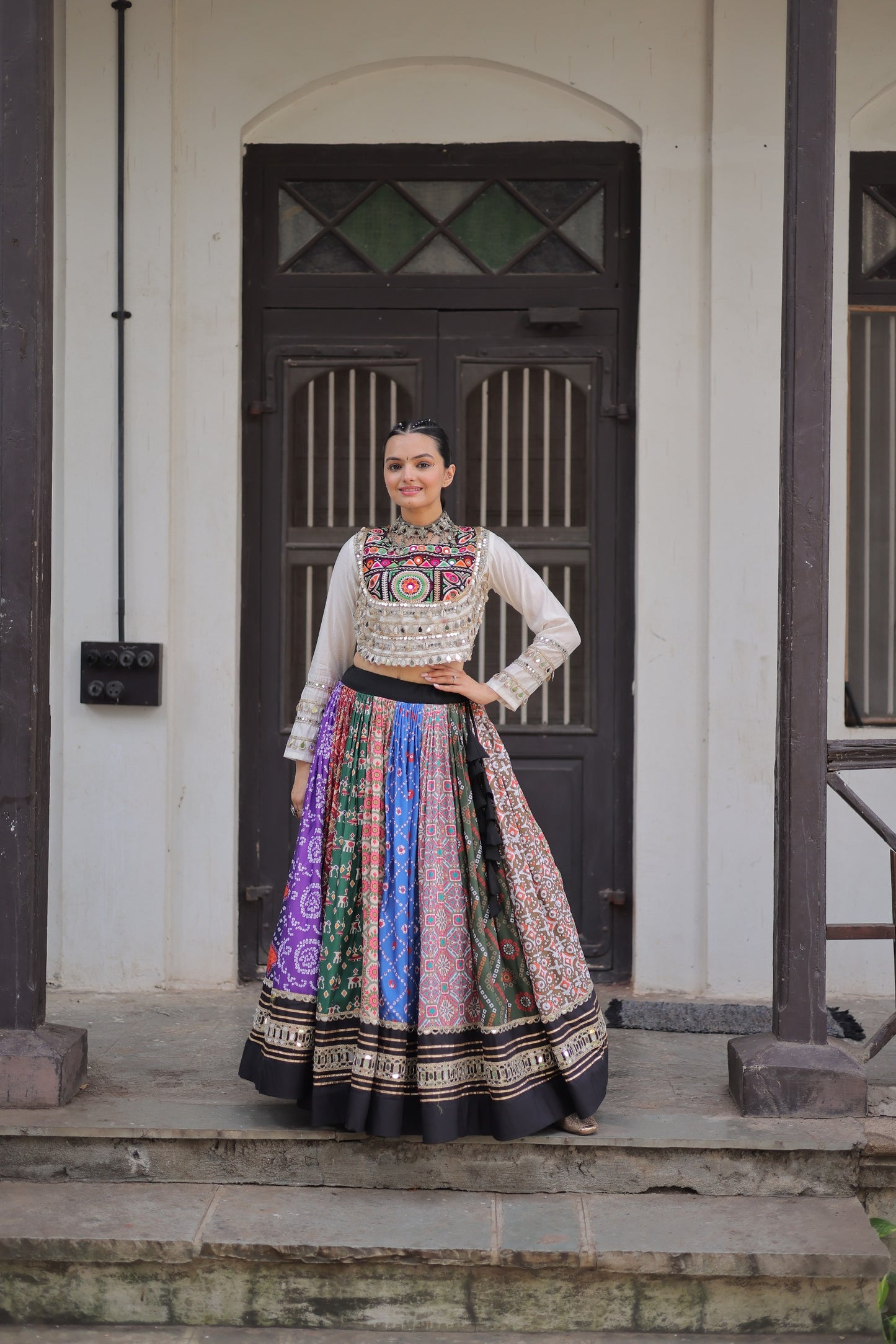 White Multicolor  Cotton Printed with AttractiveReal Mirror Lace Work Lehenga Choli