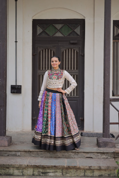 White Multicolor  Cotton Printed with AttractiveReal Mirror Lace Work Lehenga Choli