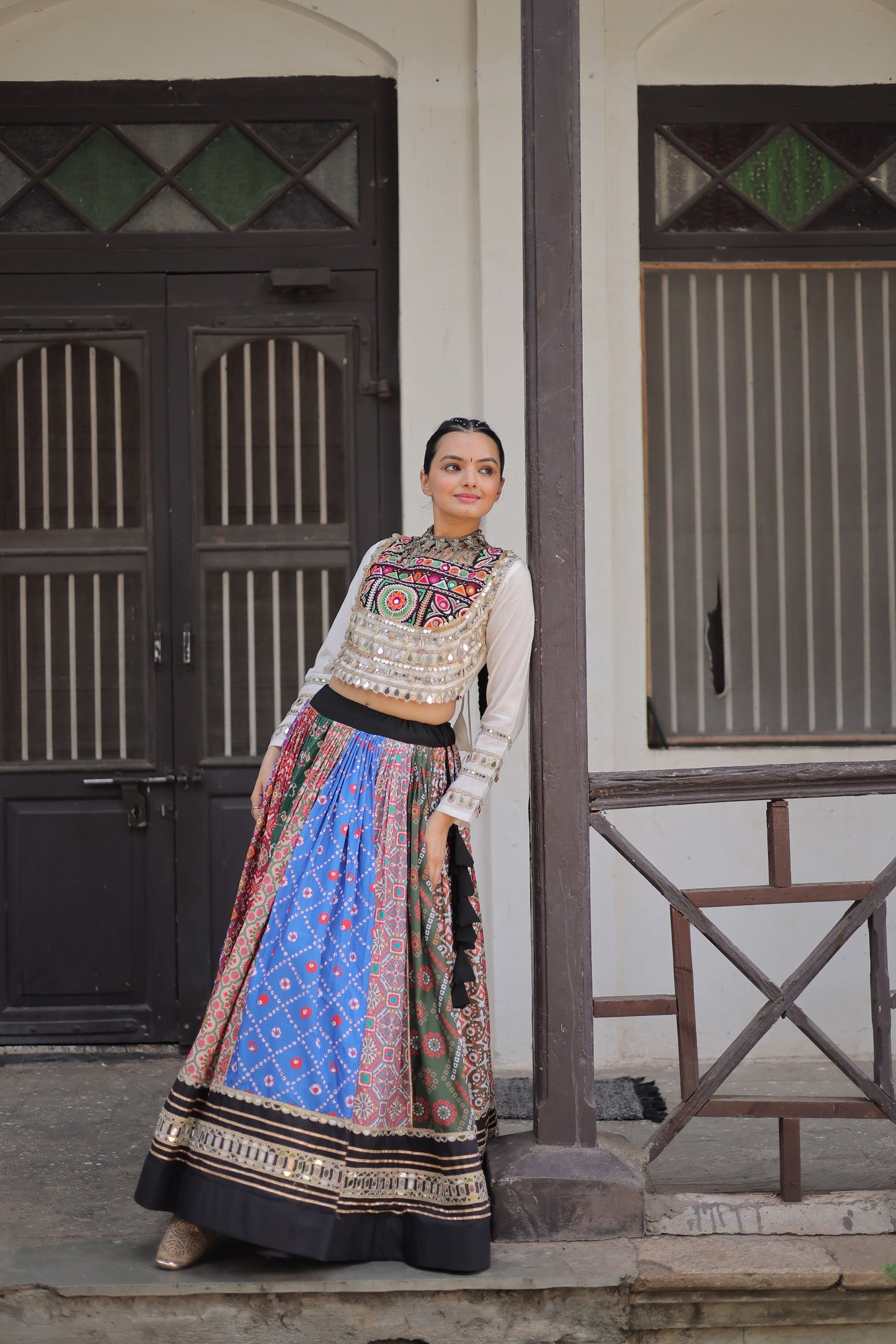 White Multicolor  Cotton Printed with AttractiveReal Mirror Lace Work Lehenga Choli